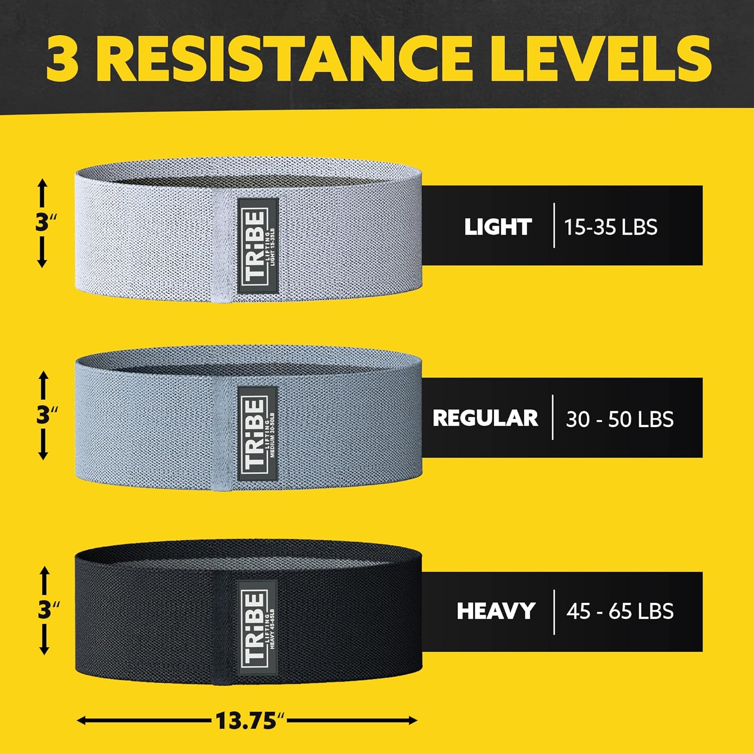 Tribe Lifting Resistance Bands for Working Out - 3 Pack Fabric Workout Bands for Women and Men - Booty Bands for Legs and Glute - Non Slip Exercise Bands Set for Squat Hip Thigh Grey